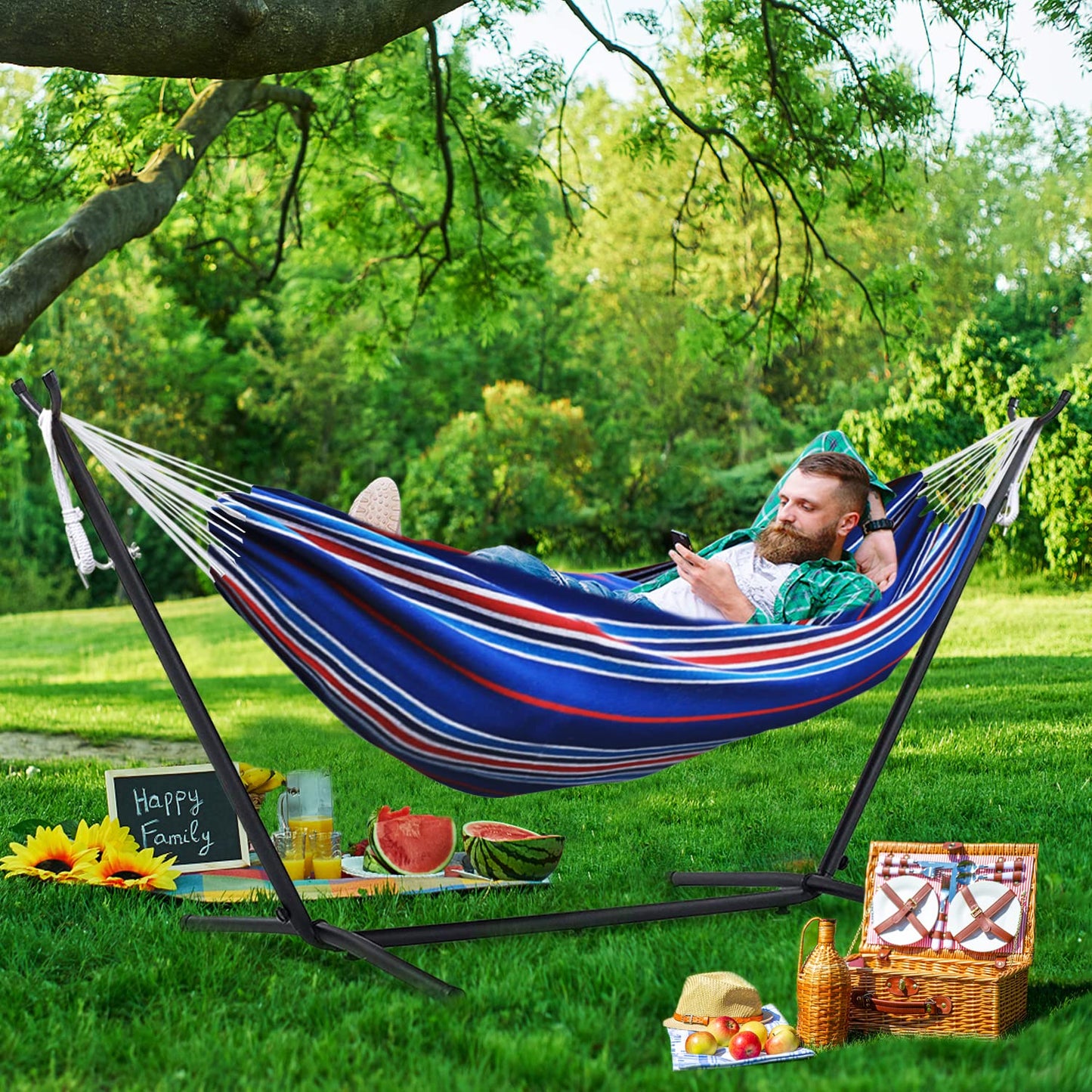 OUTDOOR WIND 550lbs Capacity Double Hammock Adjustable Hammock Bed with 10ft Heavy Duty Steel Stand Includes Portable Carrying Case, Easy Set up Blue Pinstrip B