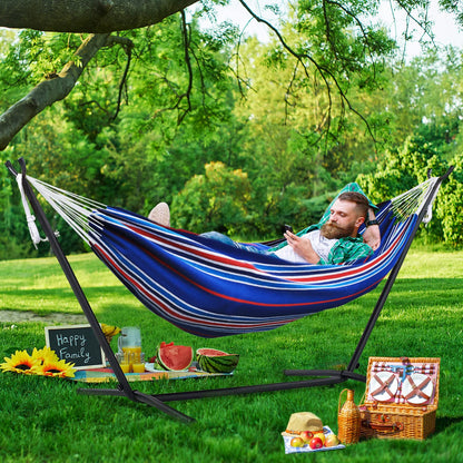 OUTDOOR WIND 550lbs Capacity Double Hammock Adjustable Hammock Bed with 10ft Heavy Duty Steel Stand Includes Portable Carrying Case, Easy Set up Blue Pinstrip B