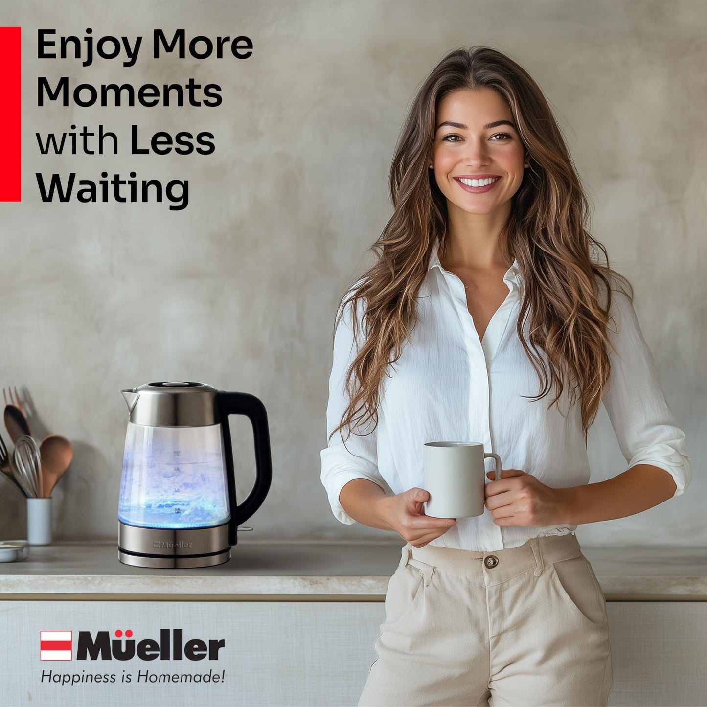 Mueller RapidBoil Electric Kettle 1.8L – Borosilicate Glass & Stainless Steel – BPA-Free Tea Kettle, LED Light, Auto Shut-Off, Boil Dry Protection Water Heater – Fast Heating, Kitchen Essentials
