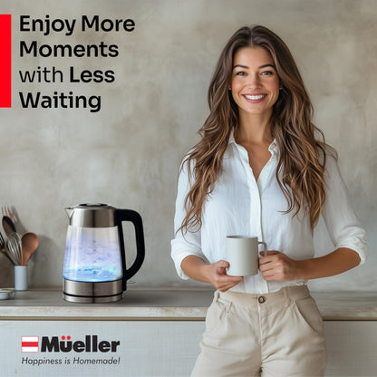 Mueller RapidBoil Electric Kettle 1.8L – Borosilicate Glass & Stainless Steel – BPA-Free Tea Kettle, LED Light, Auto Shut-Off, Boil Dry Protection Water Heater – Fast Heating, Kitchen Essentials