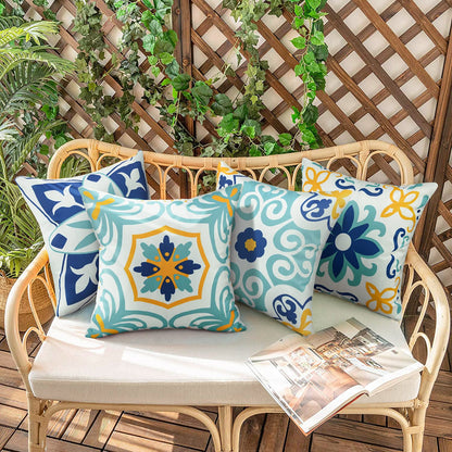 Outdoor Waterproof Throw Pillow Covers Set of 4 Floral Printed and Boho Farmhouse Outdoor Pillow Covers for Patio Funiture Garden 20x20 Inch Blue