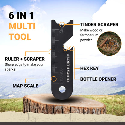 OURS FURTIF Fire Starter Survival Kit – 3/8" Ferro Rod with Multi-Tool Striker & Natural Fatwood Tinder – 15,000+ Strikes Waterproof Flint Fire Steel – Bushcraft, Camping & Emergency Gear