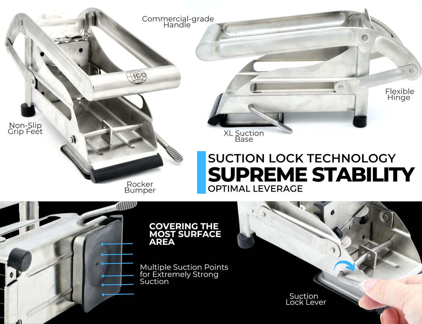 ICO French Fry Cutter, 2-blade Potato Slicer, French Fry Cutter For Potatoes with Non-slip Suction Lock Technology, Stainless Steel French Fry Press