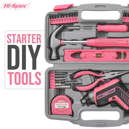 Hi-Spec 35pc Pink Tool Kit with 3.6V USB Electric Screwdriver and Drill Set. Complete Women Tool Set