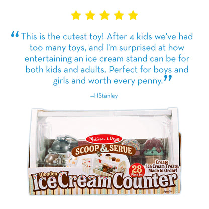 Melissa & Doug Wooden Scoop & Serve Ice Cream Counter, Pretend Play Store, 28 Toy Food & Play Kitchen Accessories, Preschool Toys for Girls & Boys 3+