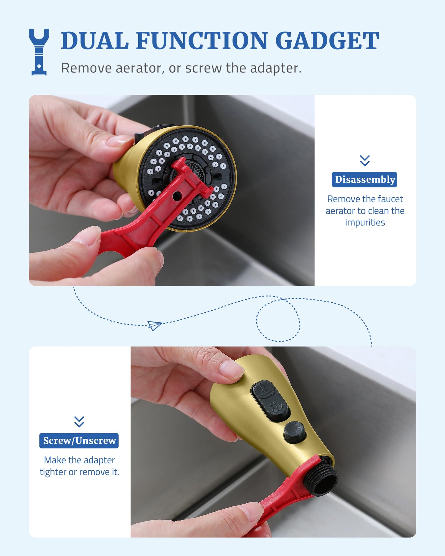 Kitchen Faucet Sprayer Head Replacement - with 15 Adapters Pull Down Faucet Spray Head, Pull Out Faucet Sprayer Nozzle, 3 Function Kitchen Tap Spray Spout Part Connector, Brushed Gold