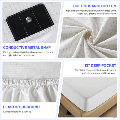 OneAmg Grounding Sheets Queen Size, Grounded Fitted Bed Sheet 10% Pure Silver Fiber + 90% Organic Cotton Bed Grounding Kit with grounding Cord for Improved Sleep & Wellness (White,Queen-80"x60"x15")