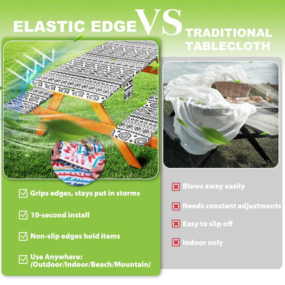 Picnic Table Cover with Bench Covers Vinyl Elastic Edges Fitted Rectangle Tables Seat Waterproof 3-Piece96X30in Set Outdoor Rectangular Folding Backing Tablecloth for Camping Over Size BlackGeometrics