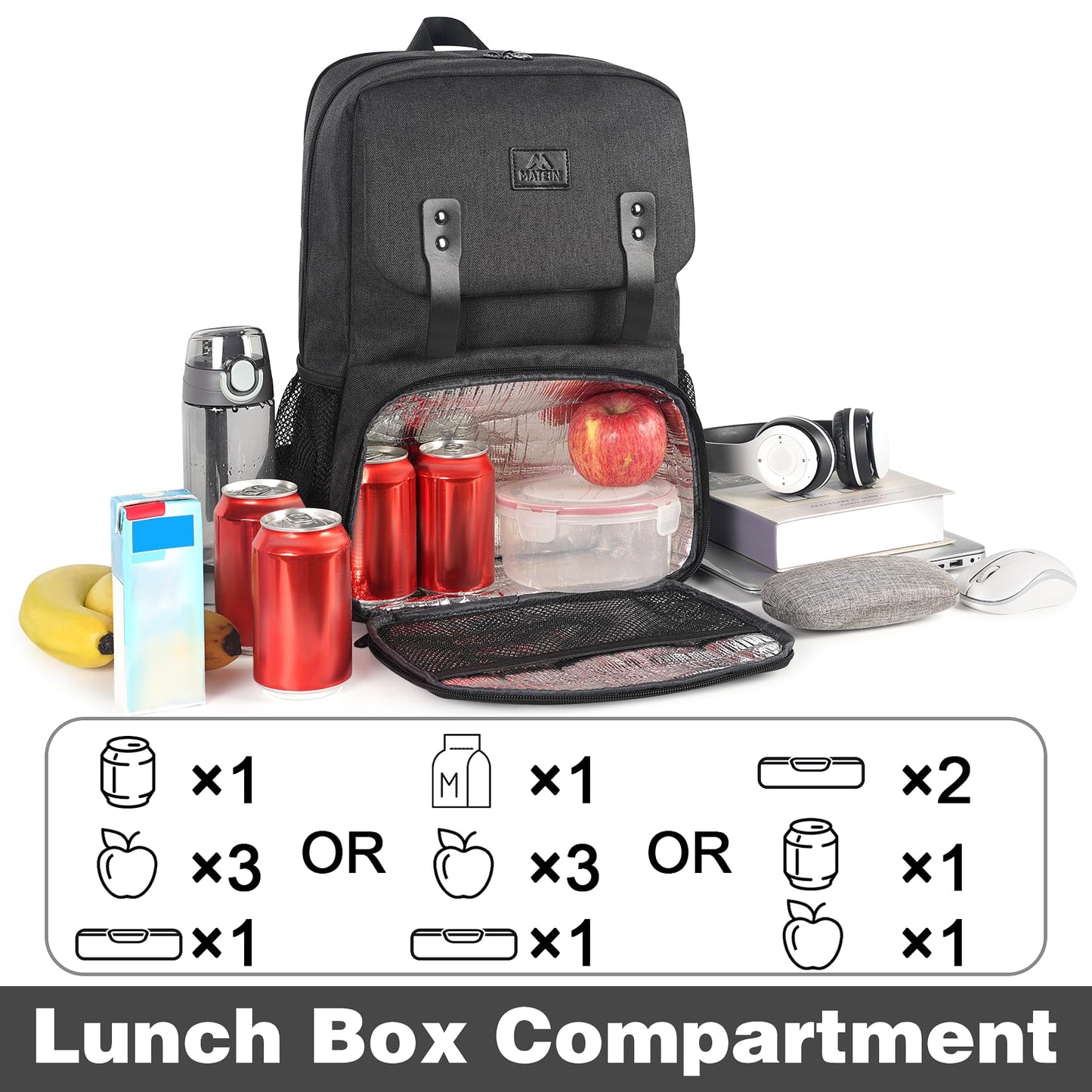 MATEIN Lunch Backpack with Cooler Compartment, 15.6 Inch Insulated Lunchbox Backpacks with USB Port for Men Work, Water Resistant Lunch Bag Travel Laptop Dackpack for College Business, Gifts for Women