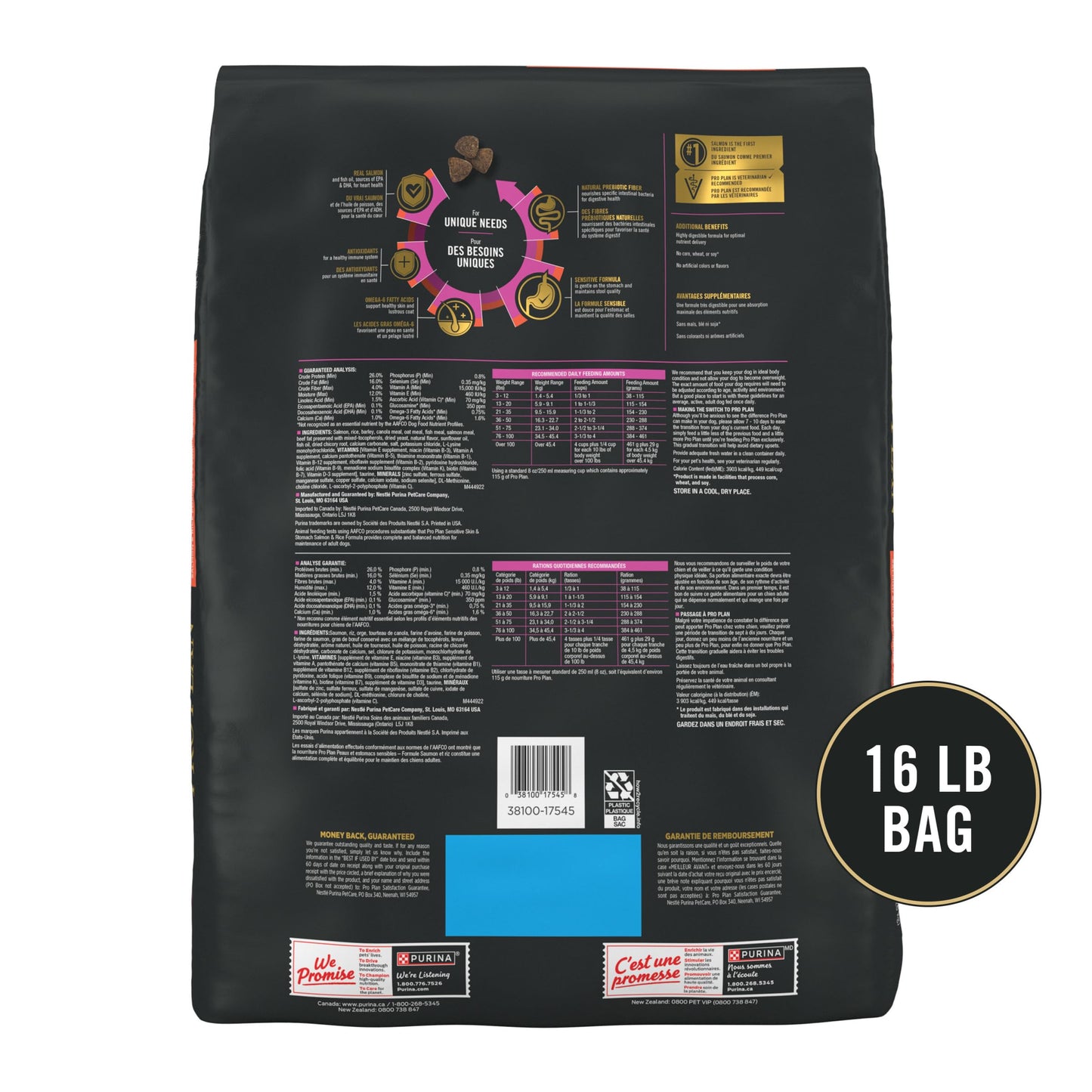 Purina Pro Plan Sensitive Skin and Stomach Dog Food Dry, Adult Salmon & Rice Formula, Digestive Health - 16 lb. Bag