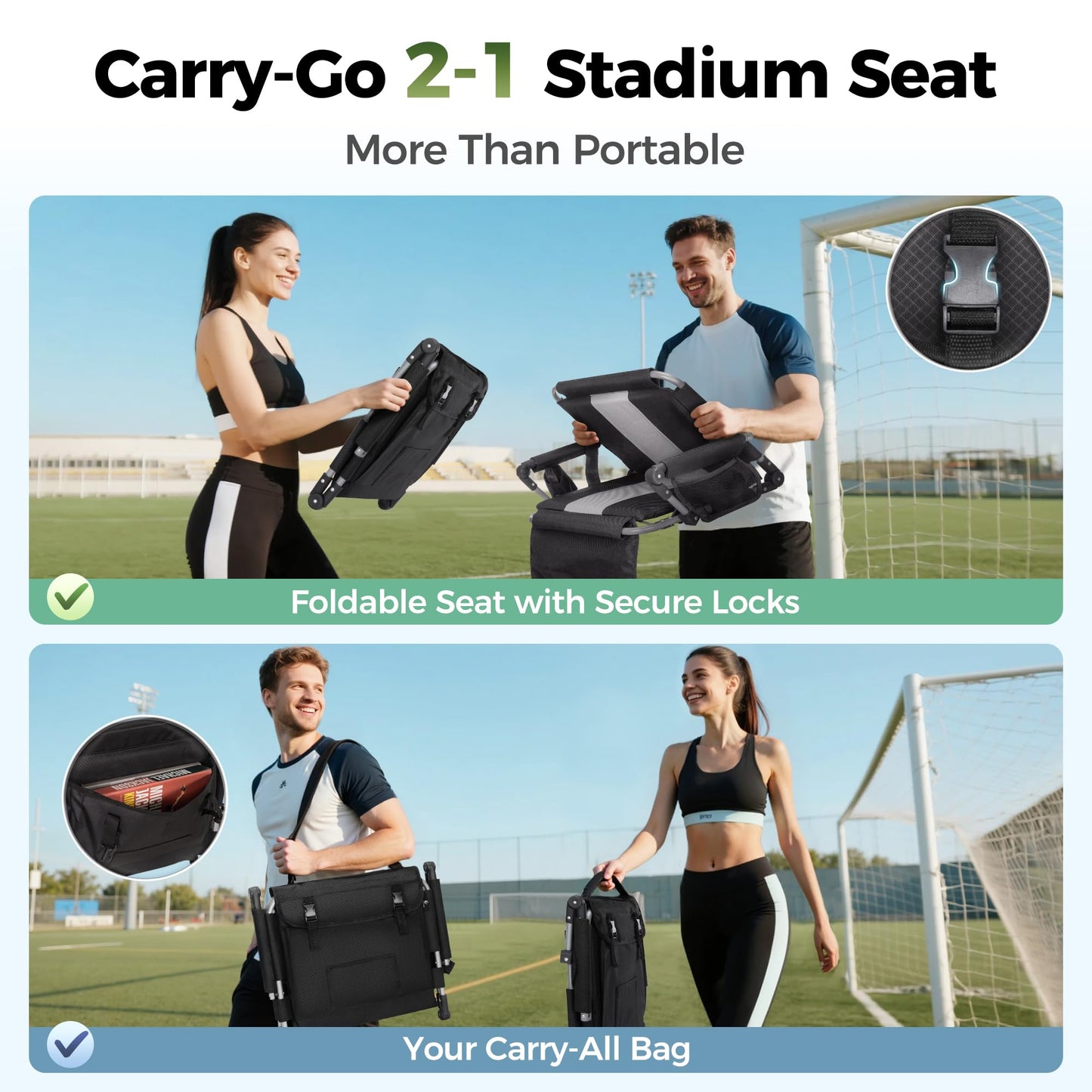 ALPHA CAMP 2 Packs Stadium Seat Chair for Bleachers with Back & Arm Rest, Black Grey