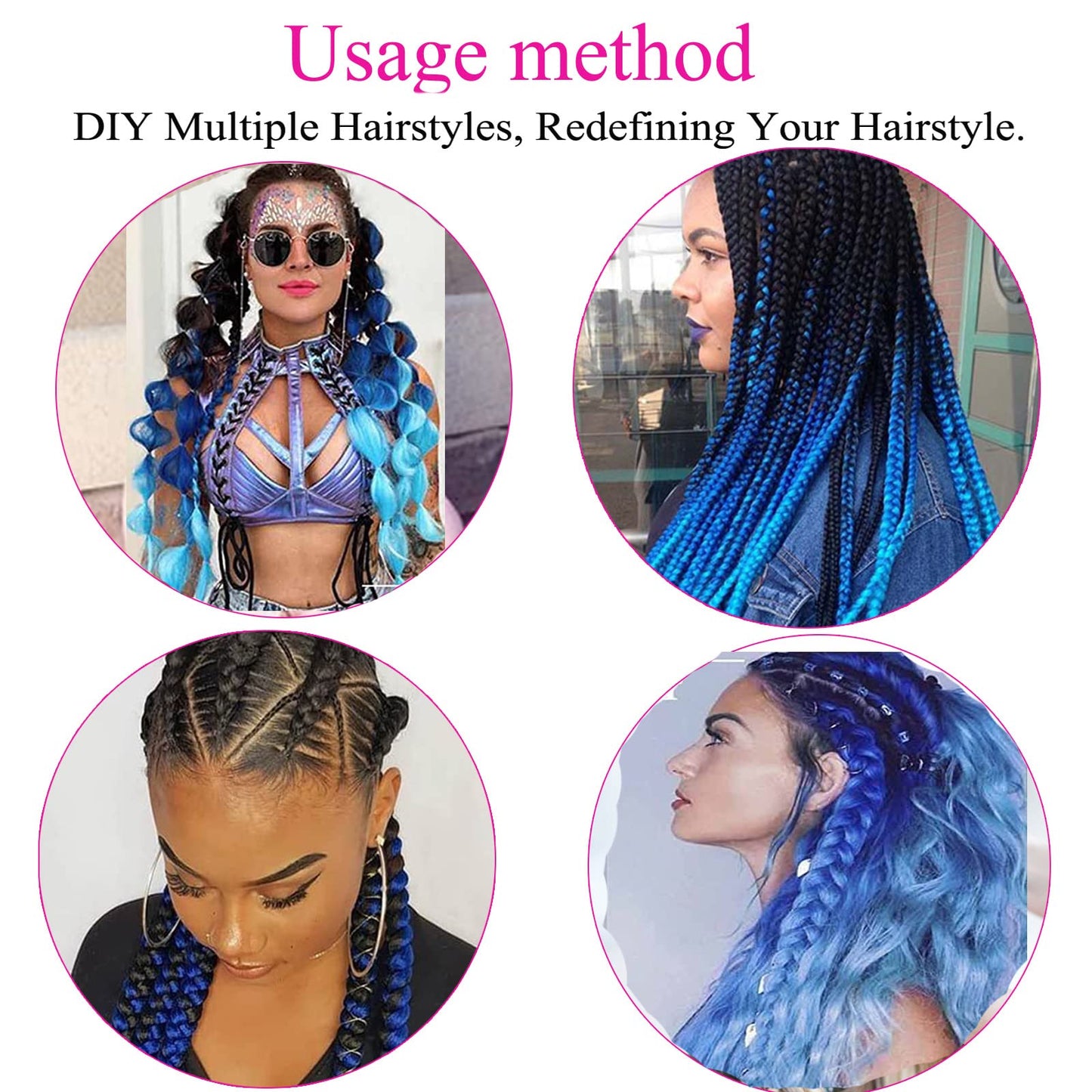 Ombre Braiding Hair Extensions High Temperature Synthetic Hair 3 Tone Color for Twist Braids Box Braids Crochet Hair (Black-Blue-Light Blue 24" 3PCS)