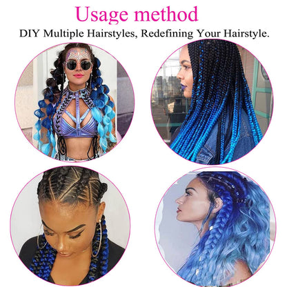 Ombre Braiding Hair Extensions High Temperature Synthetic Hair 3 Tone Color for Twist Braids Box Braids Crochet Hair (Black-Blue-Light Blue 24" 3PCS)