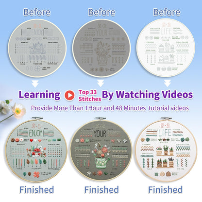 ETSPIL Embroidery Kit for Adult Beginners, 3-Pack 33-Stitch Practice Samplers, Pre-Stamped Patterns, 7.8-Inch Hoop, Threads & Needles, Step-by-Step Guide & Video, DIY Needlework Craft Gift for Women