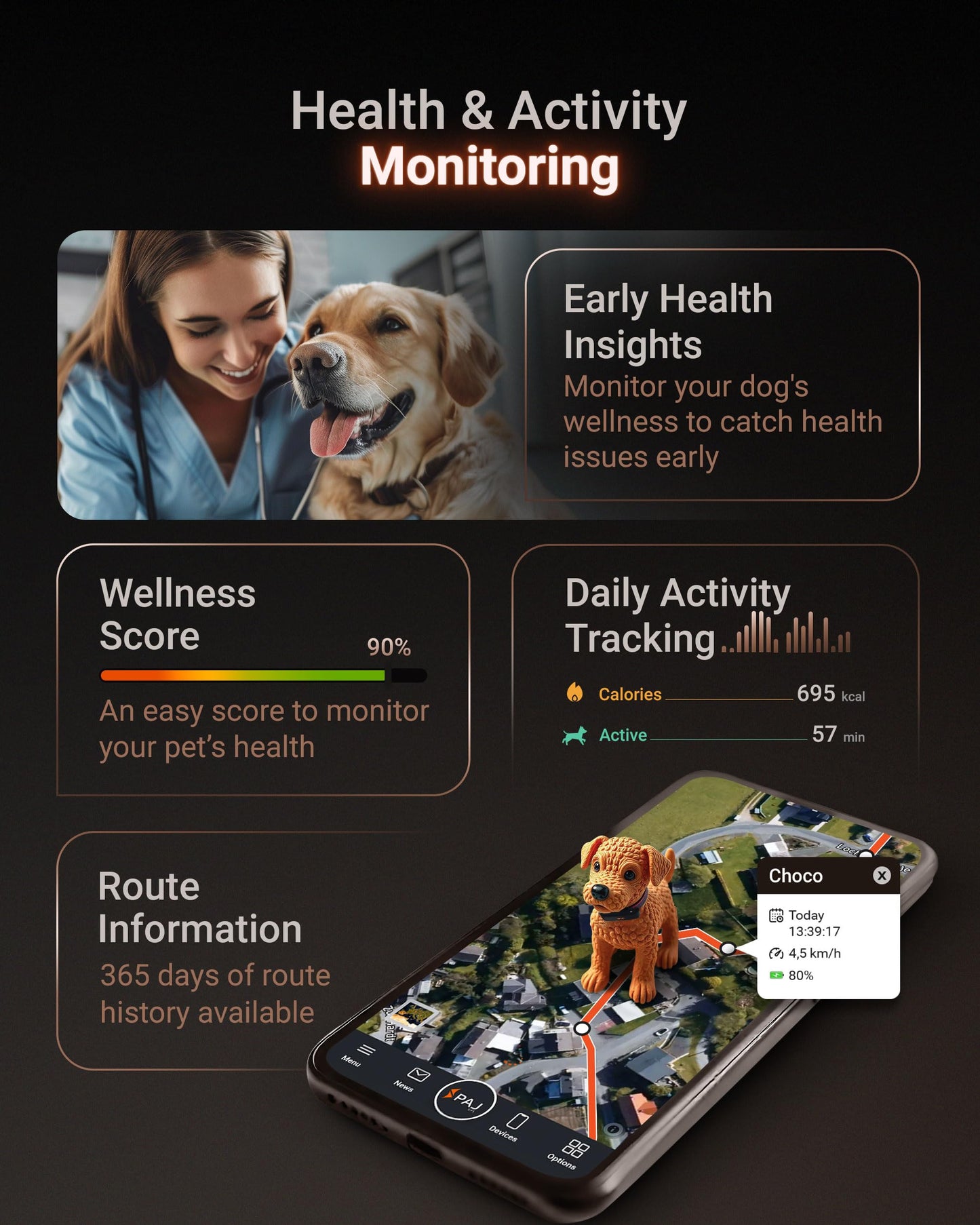 PAJ GPS Dog Tracker - 4G Real-Time Tracking & Runaway Alerts - Waterproof, Long-Range, Smart App Monitor Health & Activity - Fits Any Collar, Mini Device Navigator Chip - Subscription Required - Black
