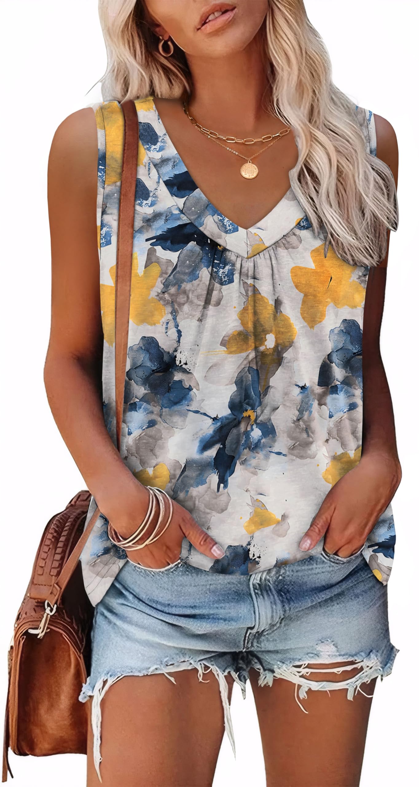 OFEEFAN Fashion Clothing Tank Top for Women Summer Clothes Sleeveless V Neck T Shirts Patterned-Flower M