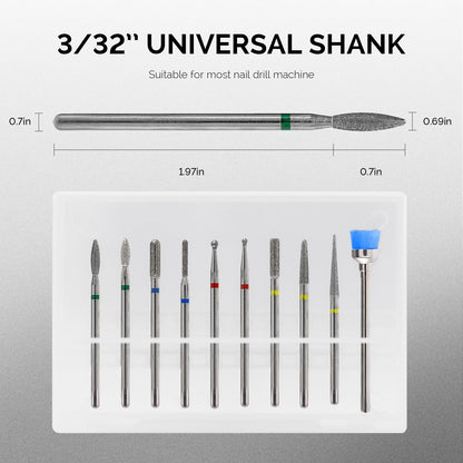 MelodySusie 10pcs Nail Drill Bits Set, 3/32 Inch Diamond Cuticle Nail Bits Kit for Nail Drill E-File, Manicure Pedicure Remover Tools for Acrylic Gel Nails, Salon Home Nail Care Supplies, Silver