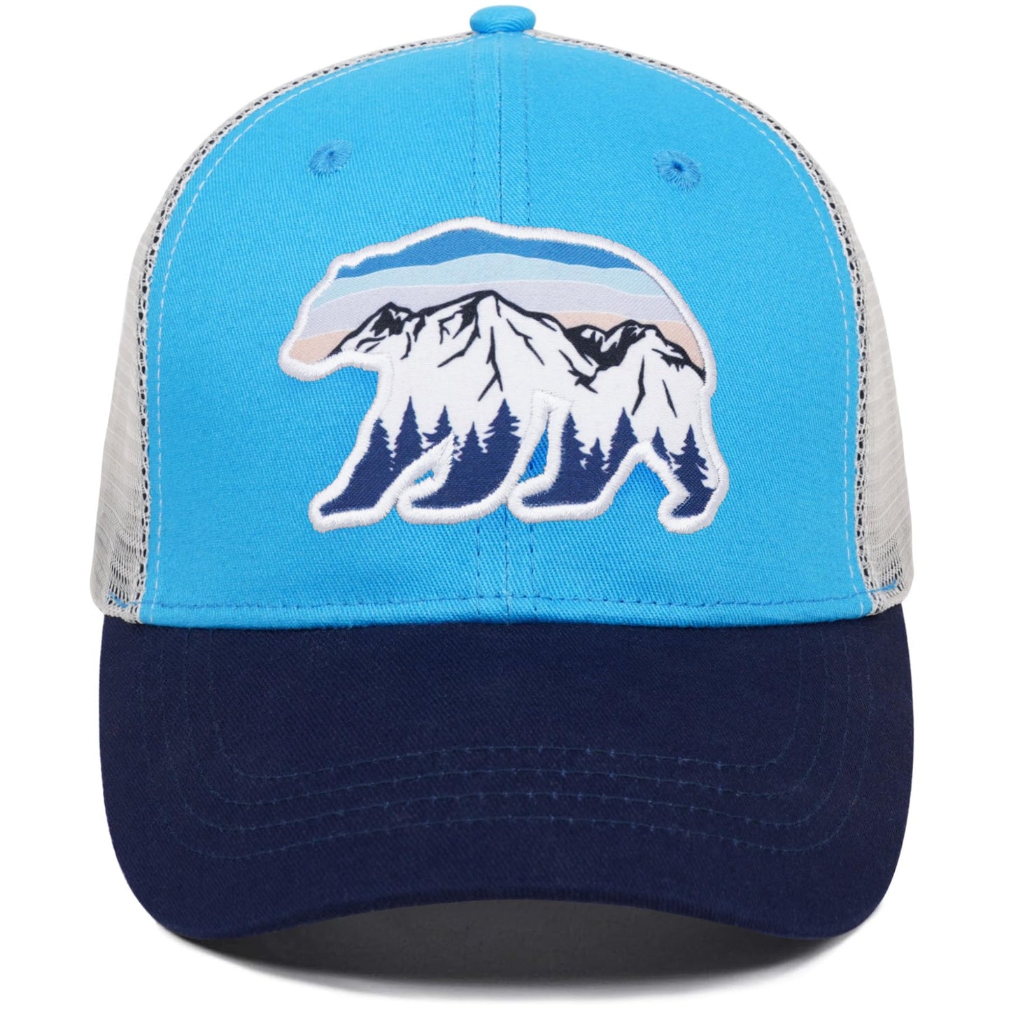 Pnkvnlo California Bear&Mountain Trucker Hats for Men - Embroidered Adjustable Mesh Baseball Men Caps for Wilderness Explore - Blue Bear