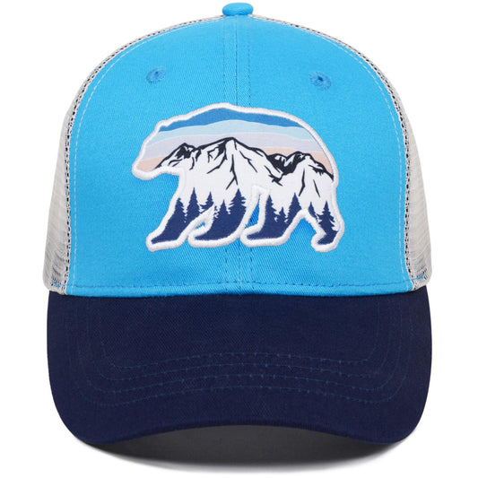 Pnkvnlo California Bear&Mountain Trucker Hats for Men - Embroidered Adjustable Mesh Baseball Men Caps for Wilderness Explore - Blue Bear