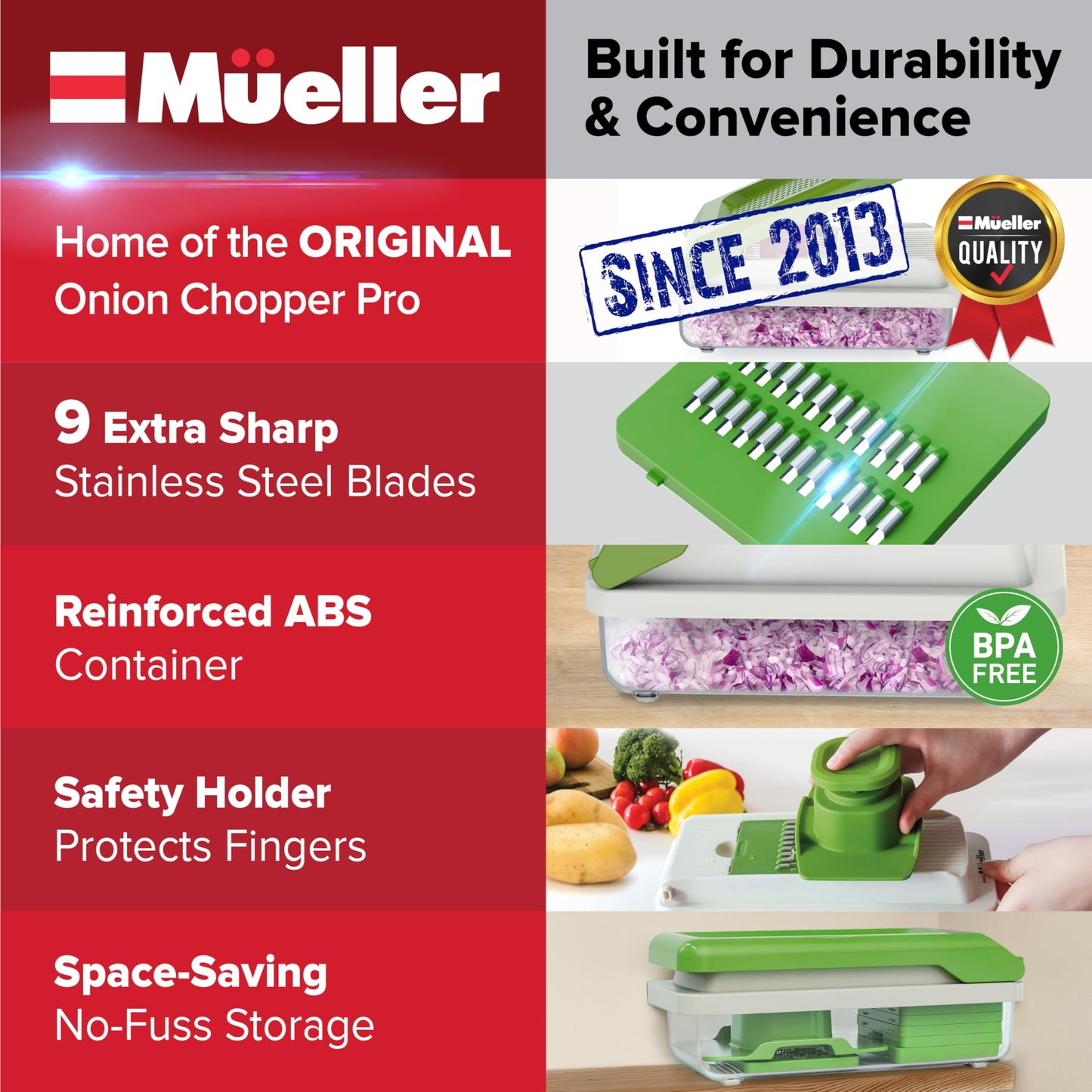 Mueller Vegetable Chopper 9 Blade, Mandoline Slicer, Food Veggie Chopper, Cheese Grater, Onion Vegetable Cutter with Container, Dicer, Kitchen Gadgets & Essentials, White Sand/Green