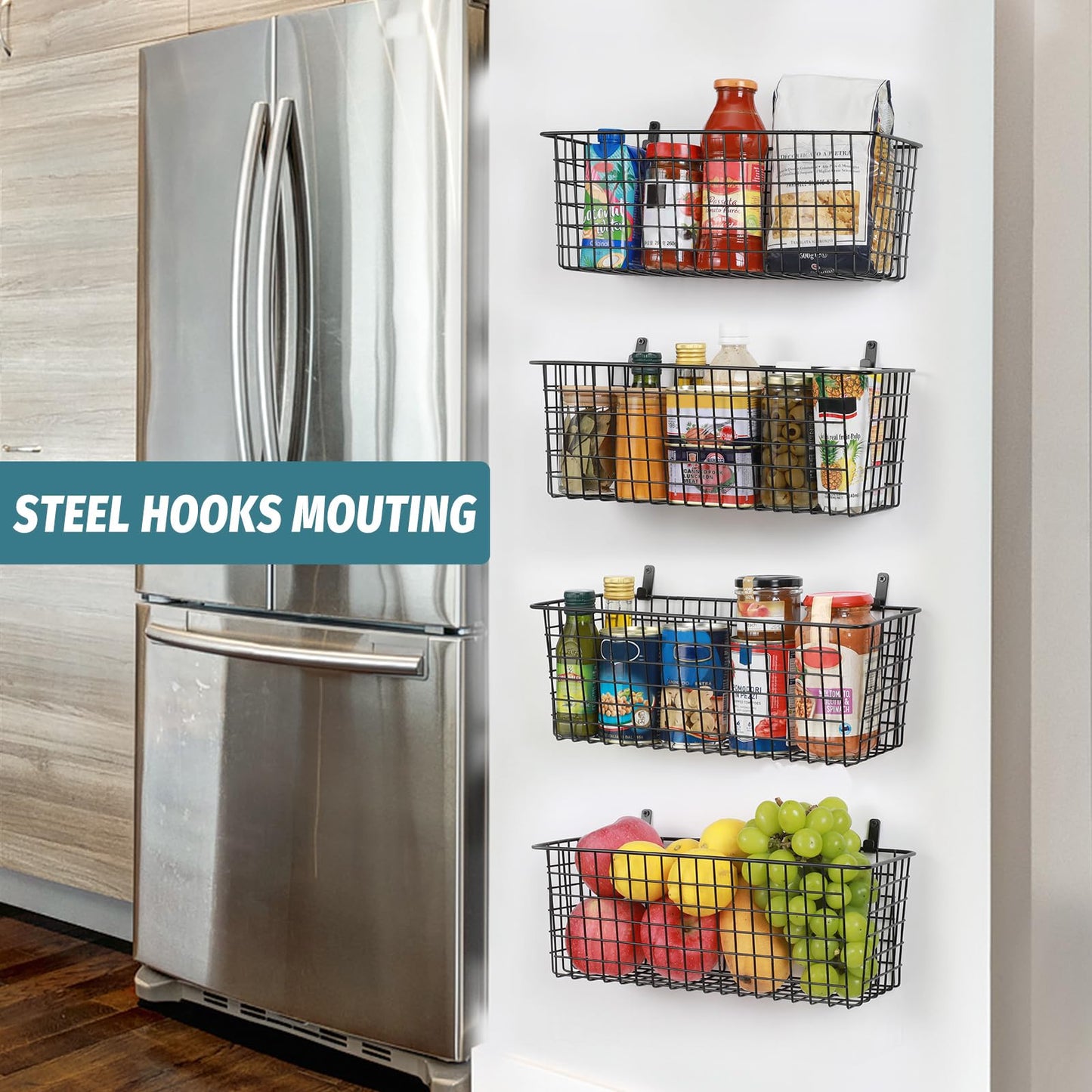 4 Set [EXTRA LARGE] Hanging Wall Mount Storage Baskets with Adhesive Hooks & Steel Hooks, Multiuse Sturdy Wire Metal Organizing Baskets for Home Kitchen Bathroom Pantry Utility Organizer, Black