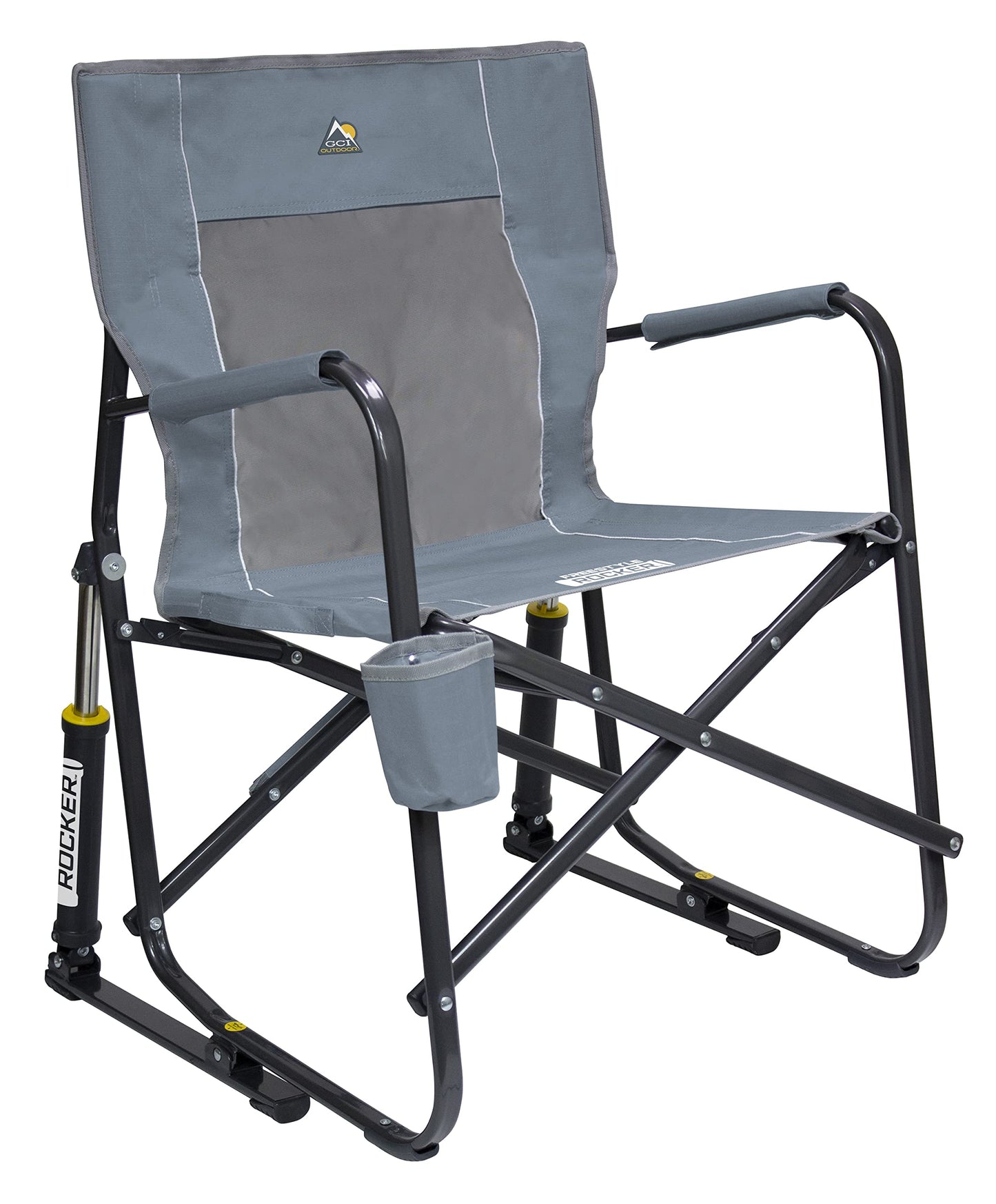 GCI OUTDOOR Freestyle Rocker Camping Chair | Portable Folding Rocking Chair with Solid, Durable Armrests, Drink Holder & Comfortable Backrest — Grey