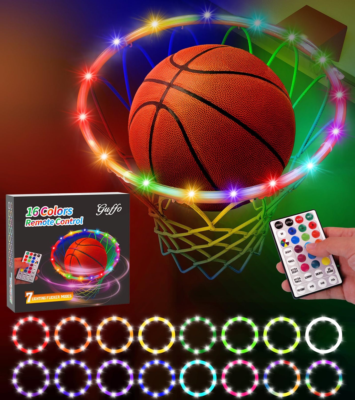 LED Basketball Hoop Light, Waterproof Super Bright Basketball Rim Lights,Remote Control 16 Colors and 7 Lighting Flicker Change, for Night Outdoor Basketball Games and Christmas Giftss