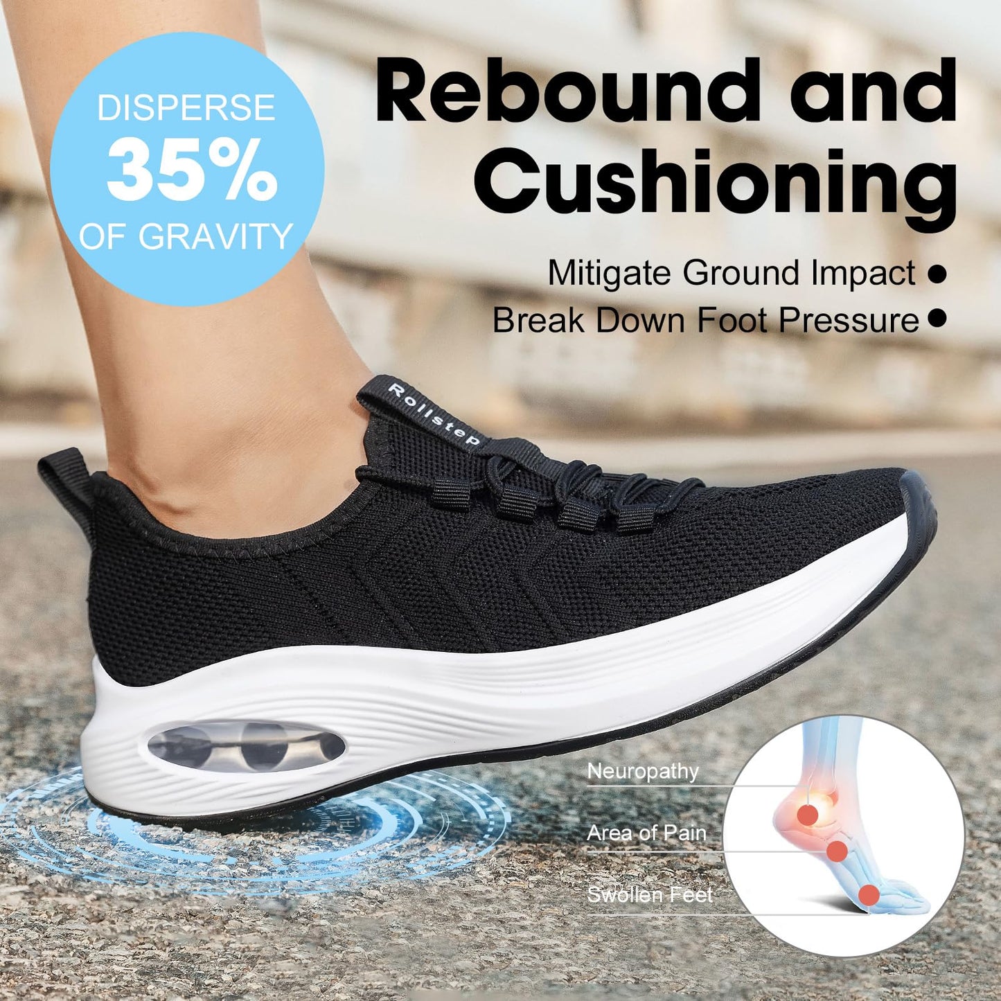 Rollstep Wide Toe Box Shoes Women Extra Wide Width Sneakers Diabetic Air Cushion Road Running Shoes Ultra Light Wide Tennis Sneakers Gym Training Breathable Walking Shoes Black 39