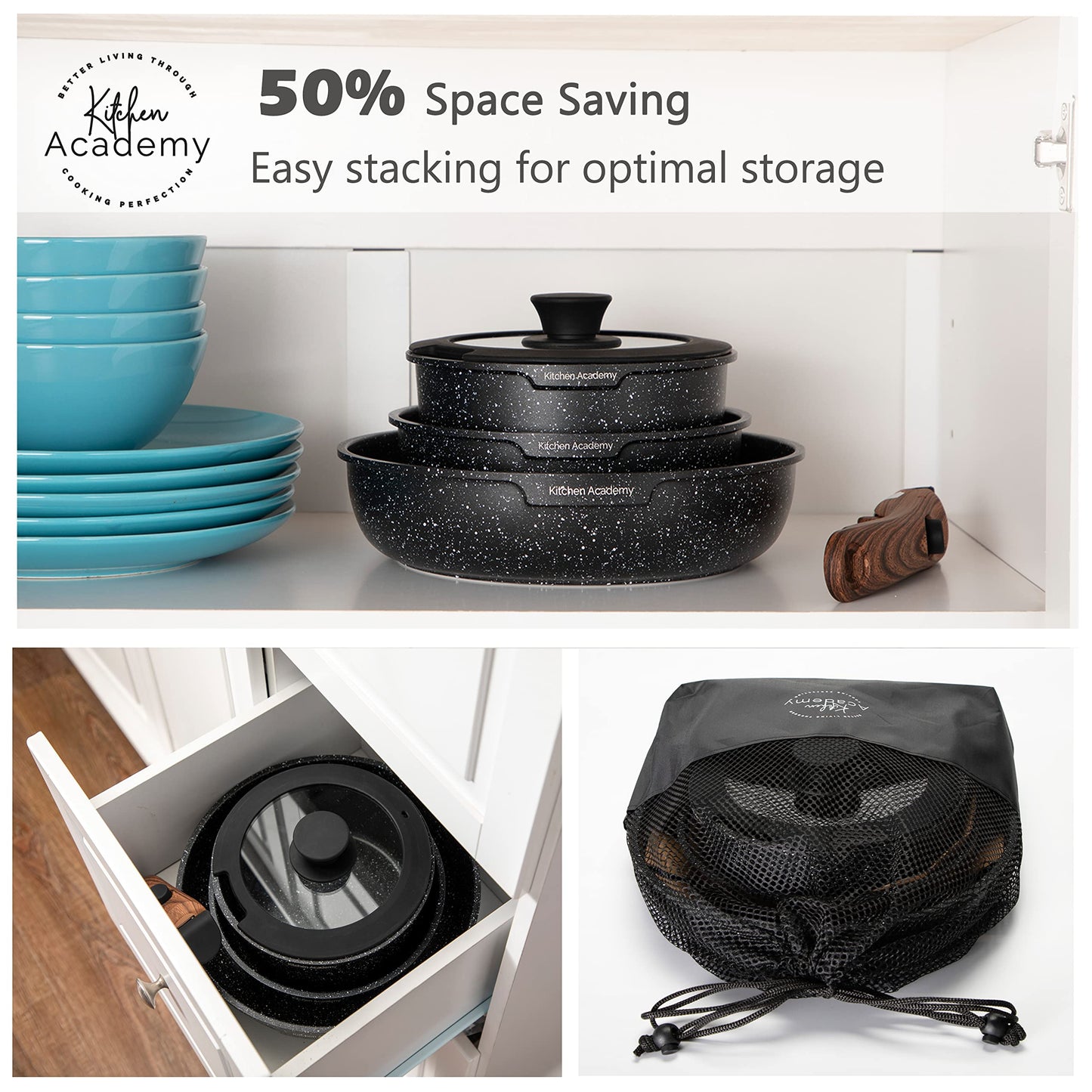 Kitchen Academy Removable Handle Induction Pots and Pans Set - 10 Piece Non-stick Cookware Sets, Black Granite Stackable RV Cookware for Camp