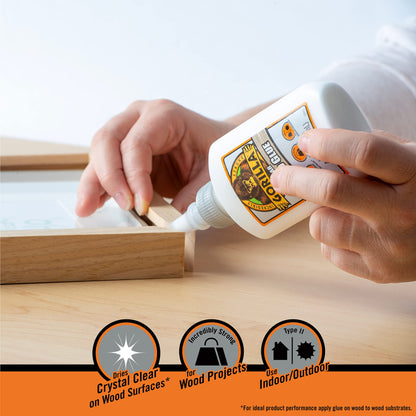 Gorilla Dries Clear Wood Glue, 4 Ounce Bottle (Pack of 2) - Water Resistant for Indoor or Outdoor Projects and Repairs