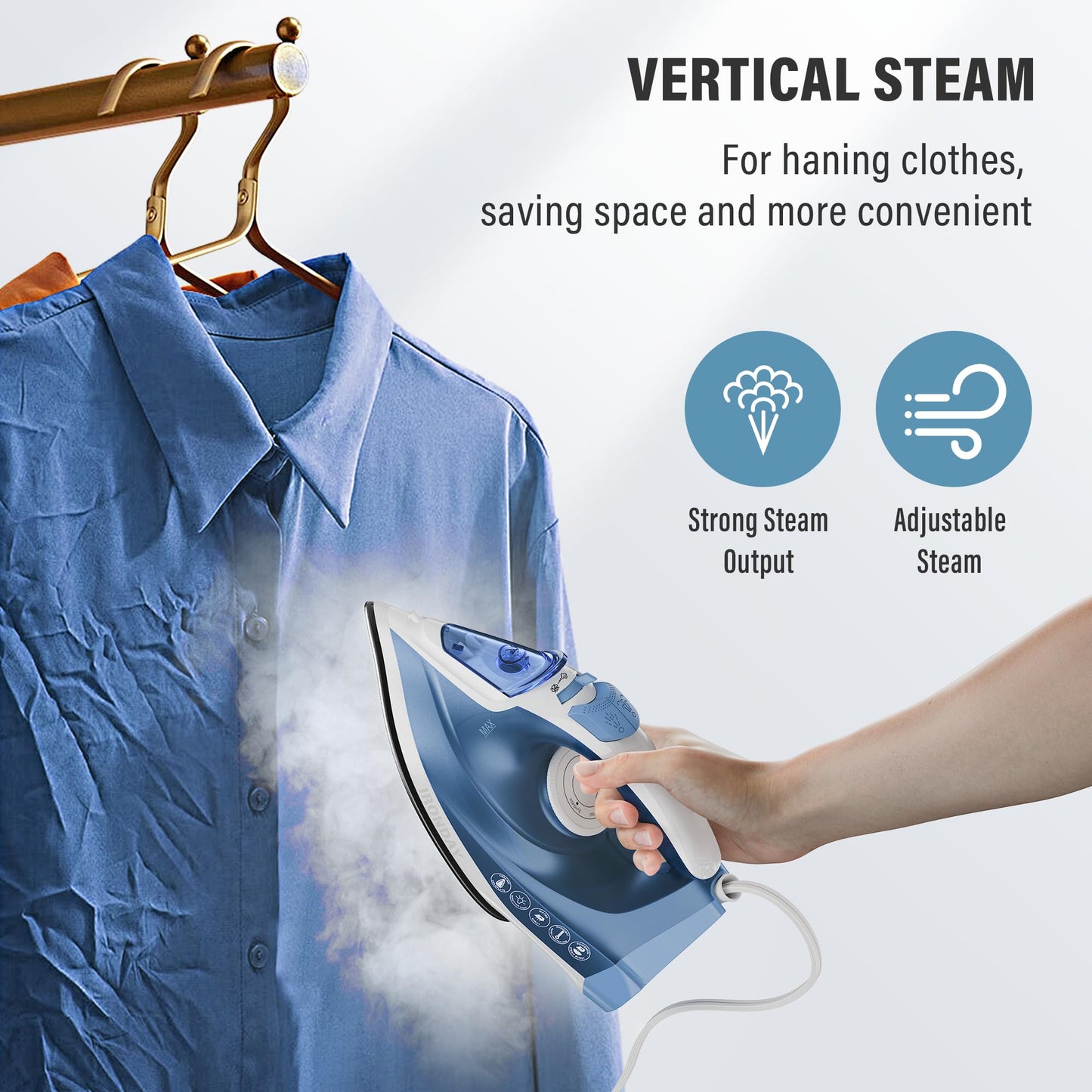 IRONDAY Steam Iron for Clothes Fast Heating, 1200W Iron with Non-Stick Ceramic Soleplate, Self-Cleaning, Burst of Steam, Spray Mist, 7.03oz Water Tank Ironing Clothes for Home, Blue