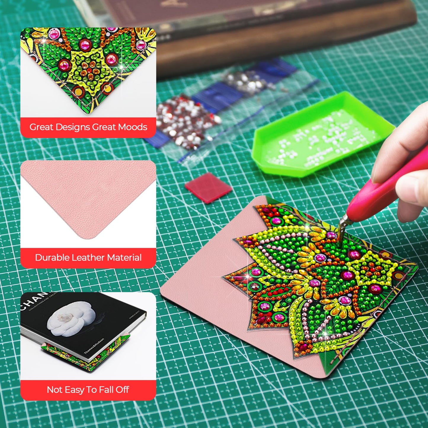 8 PCs Diamond Art Corner Bookmarks Leather Dimond Painting Book Mark Kit for Adults Paint by Dots Bookmarkers Craft DIY Gem Small Dotz Gifts for Women Mandala Flower Pink Lotus