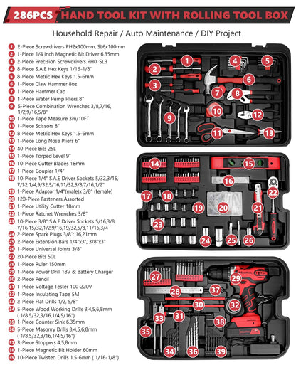 KINGTOOL Home Tool Set Kit - 286 PCS Home Auto Repair Tool Kit with Rolling Tool Box, Mechanic Tool Sets with 21V Max Cordless Power drill, Perfect for Homeowner, Diyer, Handyman