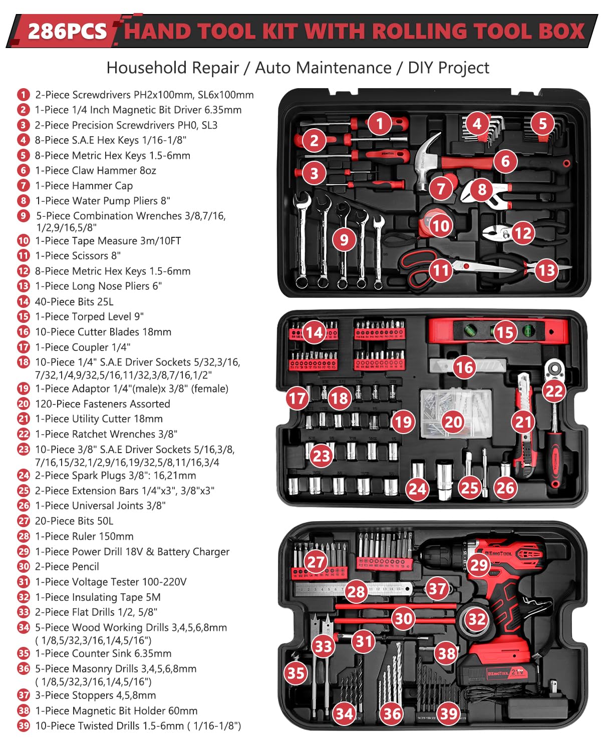 KINGTOOL Home Tool Set Kit - 286 PCS Home Auto Repair Tool Kit with Rolling Tool Box, Mechanic Tool Sets with 21V Max Cordless Power drill, Perfect for Homeowner, Diyer, Handyman