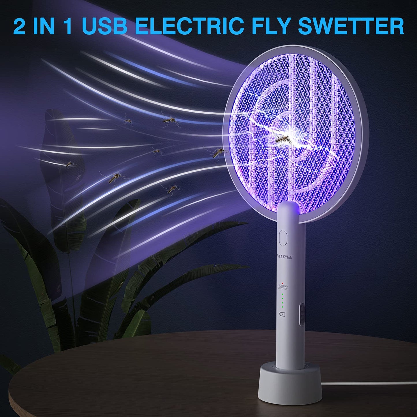 PALONE Electric Fly Swatter 4000V Bug Zapper Racket 2 in 1 Fly Swatter with 1200mAh Battery Rechargeable Mosquito Killer Lamp with 3 Layers Safety Mesh for Indoor and Outdoor