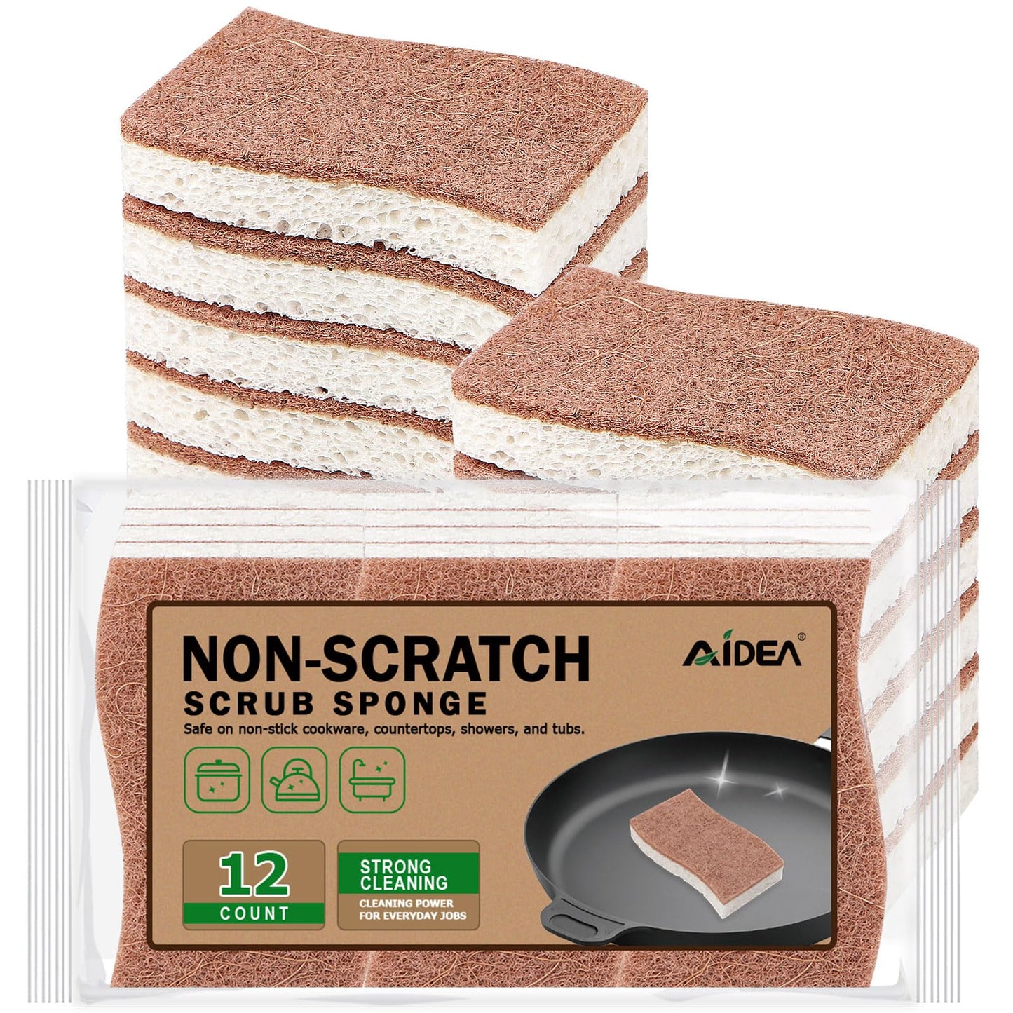 AIDEA Sponges Non Scratch, 12Count, Natural Sponge for Non Stick Cookware, Sponges Kitchen, Cellulose Scrub Sponge for Dishes, Cleaning Power for Kitchen, Bathroom, Household