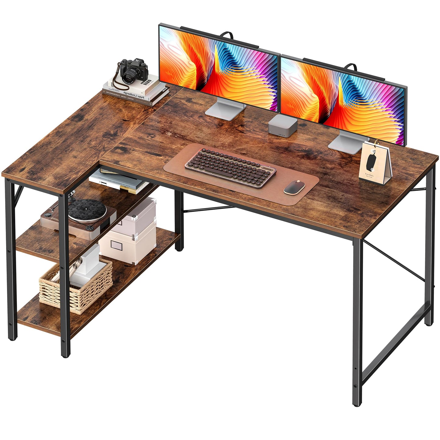 Huuger 47 Inches L Shaped Desk, Computer Desk with Reversible Storage Shelves, for Gaming Corner Home Office Writing Study, Metal Frame, Rustic Brown