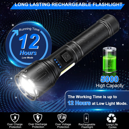 Rechargeable Magnetic Flashlights High Lumens, Super Bright LED Powerful Flashlight 8 Modes with COB Work Light, Waterproof Handheld Flash Light for Camping (2 Pack with Paper Box, Black)