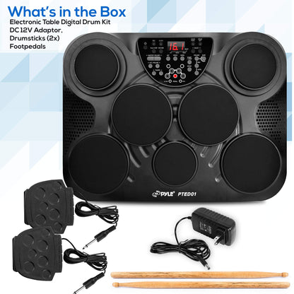 Pyle Electronic Tabletop Digital Drum Set, Compact Portable Drum Pad Kit w/ 8 Touch Sensitive Pads and Pedals, 600 Sounds, USB & Headphone Outputs, MIDI/AUX Inputs, 4x5” Drums & 4x3.5” Cymbals
