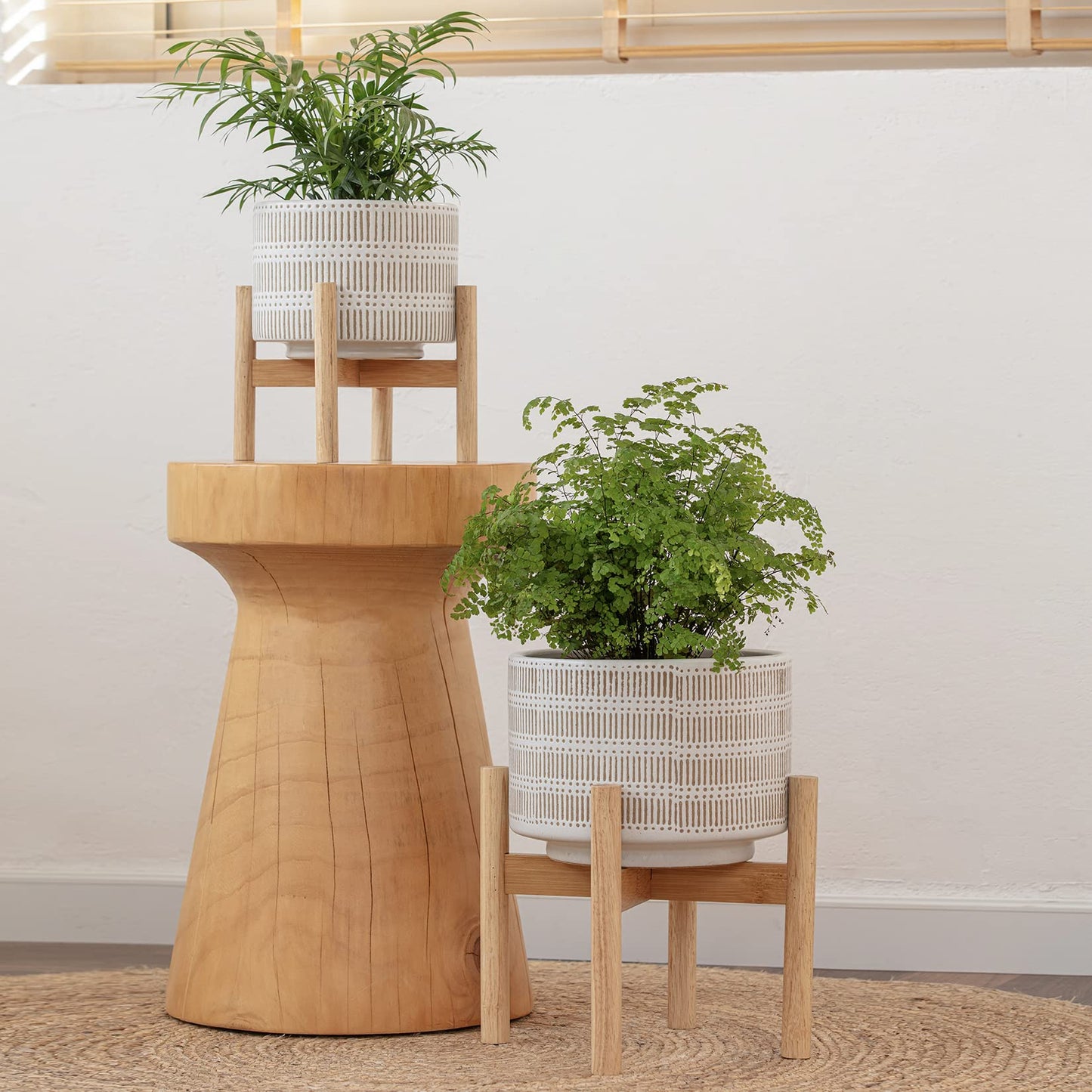 LA JOLIE MUSE Ceramic Plant Pot with Wood Stand - 7.3 Inch Modern Round Decorative Flower Pot Indoor with Wood Planter Holder, Beige and White