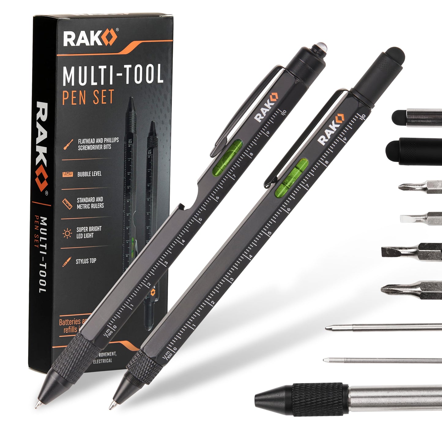 RAK Multitool Pen - Multi-Tool Pens, LED Light, Flathead, Phillips Screwdrivers, Level, Ruler, Bottle Opener, and Stylus. Cool Gadgets Gifts for Men, Dad, EDC Pen Tool, Gift-Ready Box, Pack of 2