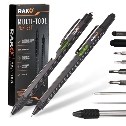 RAK Multitool Pen - Multi-Tool Pens, LED Light, Flathead, Phillips Screwdrivers, Level, Ruler, Bottle Opener, and Stylus. Cool Gadgets Gifts for Men, Dad, EDC Pen Tool, Gift-Ready Box, Pack of 2