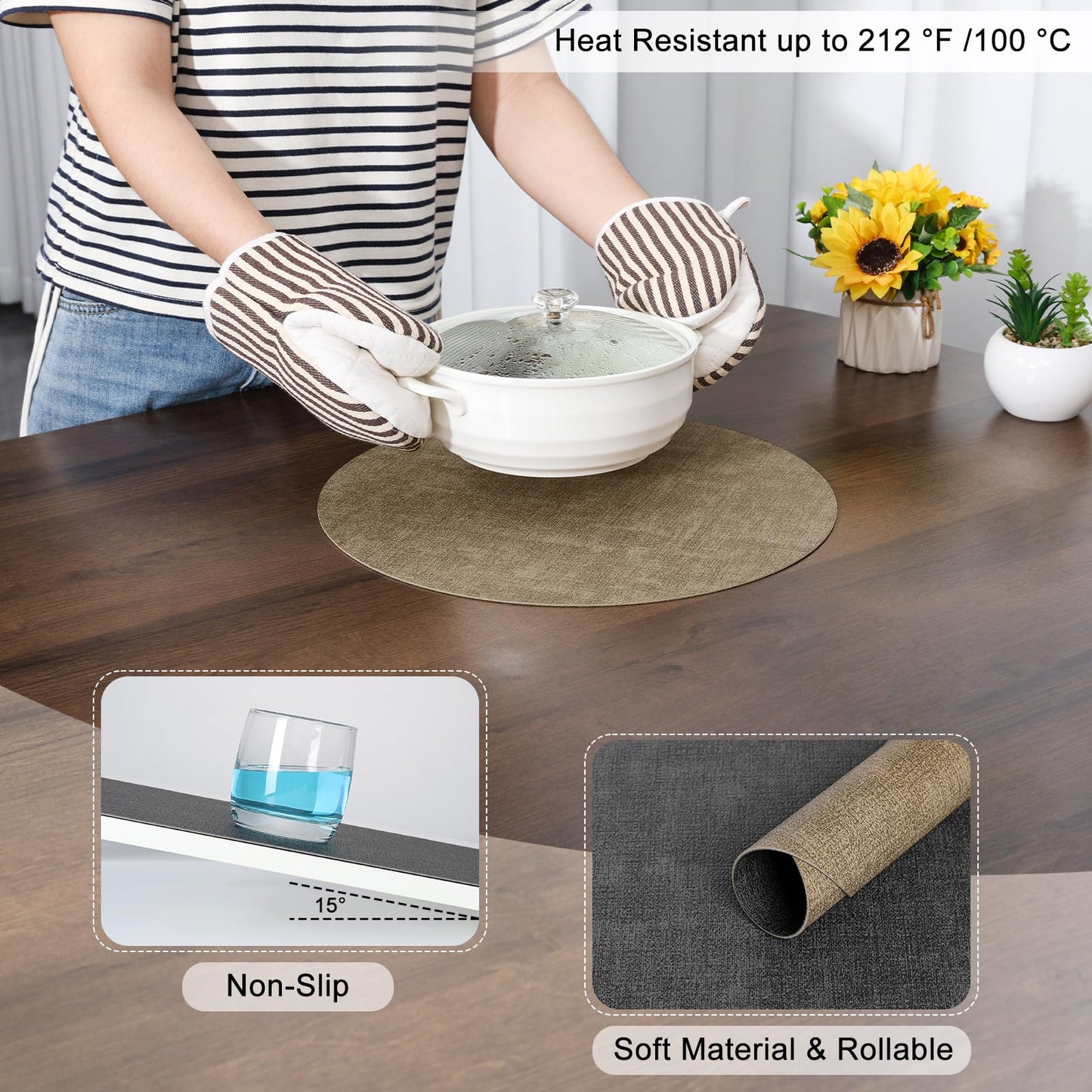 Myir JUN Round Dual-Sided Placemats, Faux Leather Set of 4 for Indoor and Outdoor Dining Tables, Non-Slip Washable Table Mats (Gray Beige)