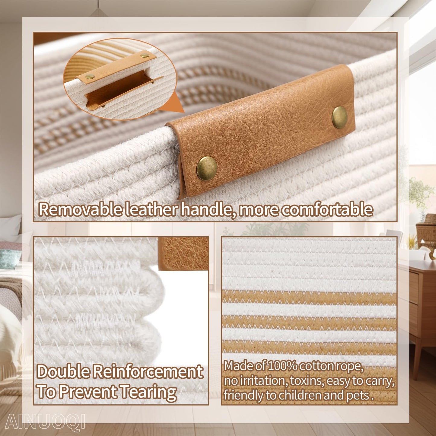 AINUOQI Laundry Hamper - 85L Large Laundry Basket with Leather Handles, Decorative Storage Basket for Blankets - Cotton Rope Woven Baskets for Storage, Clothes Hamper for Living Room, Jute & White