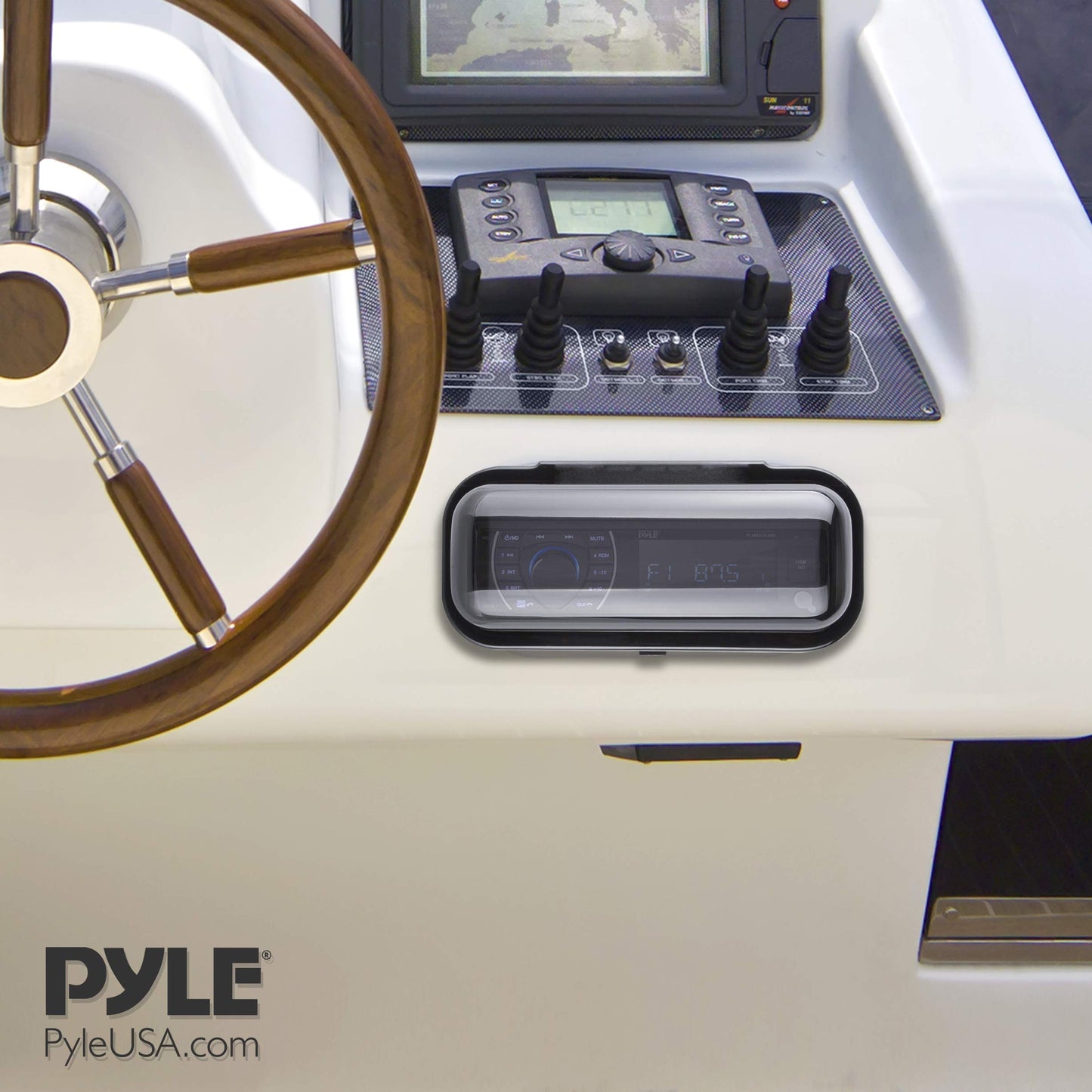 Pyle Water Resistant Marine Stereo Cover - Smoke Colored Heavy Duty Boat Radio Protector Shield with Flip-up Door & Spring Loaded Release - Mounting Gasket Included - Pyle PLMRCB1