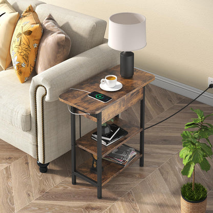 LIDYUK End Table with Charging Station, Flip Top Side Table with USB Ports and Outlets, Nightstand for Small Spaces, Bedside Tables with Storage Shelf for Living Room, Bedroom, Brown