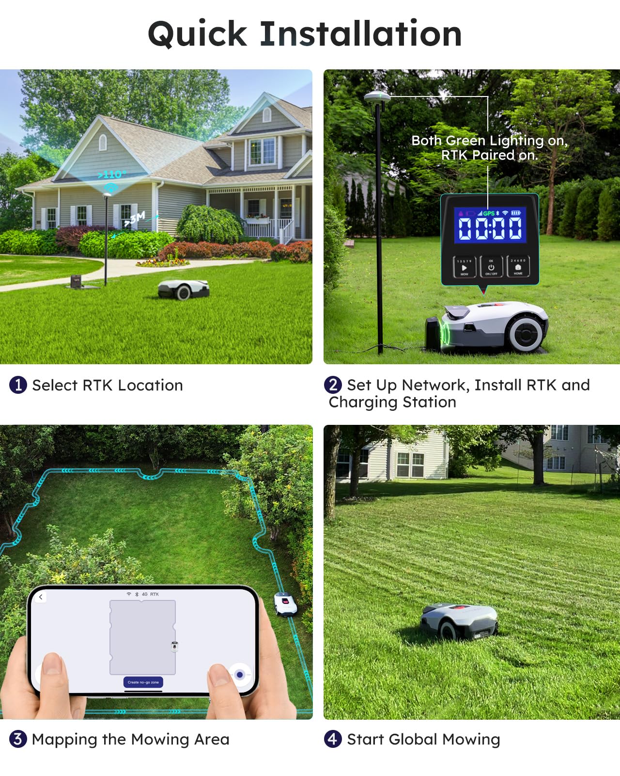 Robot Lawn Mower NO Wire - 0.22 Acre, Full Band RTK+4-Eye Vision Robotic Lawnmower, Automatic Mapping, 20 Multi-Zone Management, Accurate Obstacle Avoidance, Intelligent Path Planning