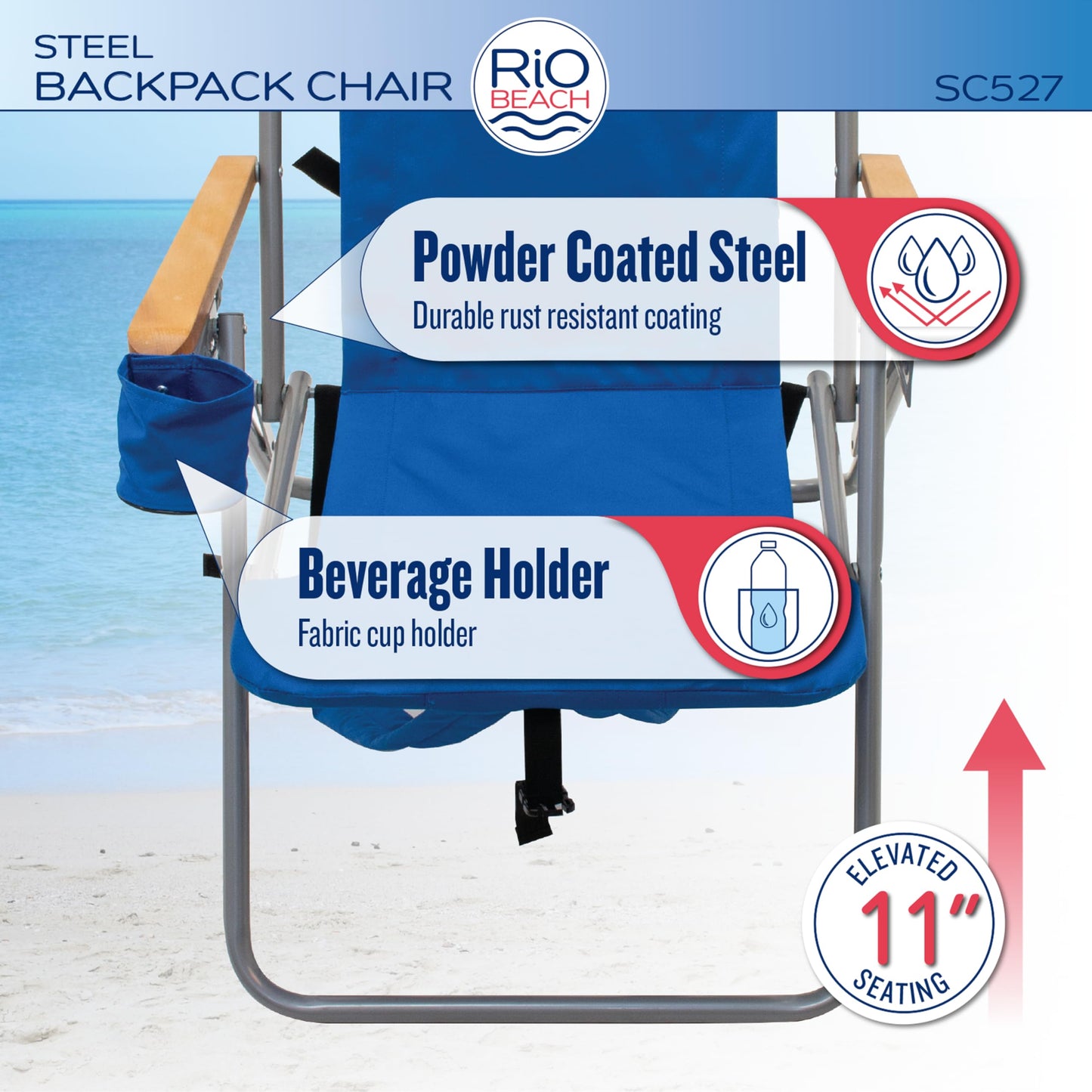 Rio Beach Original 4-Position Steel Backpack Chair with Pillow, Hands-Free Beach Chair Backpack for Adults, Navy