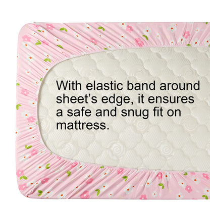 Onacosht Pack n Play Playard Fitted Sheets 2 Pack Set for Baby Girl Soft Stretchy Jersey Knit Portable Mini Crib Mattress Cover, Pink Floral