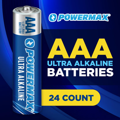 Powermax 24-Count Triple AAA Batteries, Ultra Long Lasting Alkaline Battery for Home and Office, 10-Year Shelf Life, Reclosable Packaging